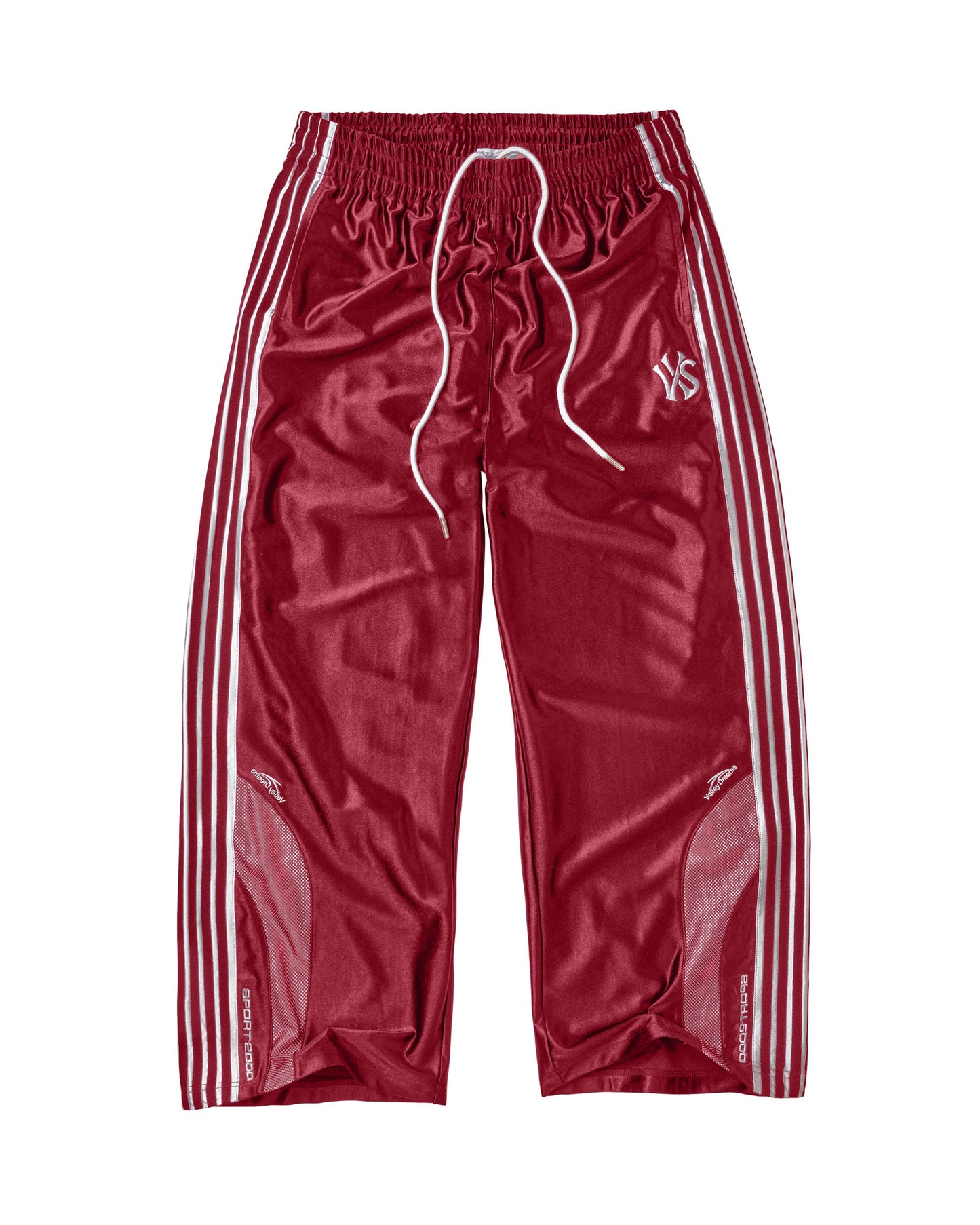 A pair of shiny burgundy athletic pants with white three-stripes down the sides, a white drawstring, and a white embroidered logo on the upper left thigh, shown against a plain white background.