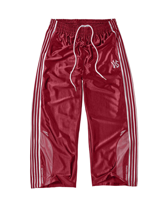 A pair of shiny burgundy athletic pants with white three-stripes down the sides, a white drawstring, and a white embroidered logo on the upper left thigh, shown against a plain white background.