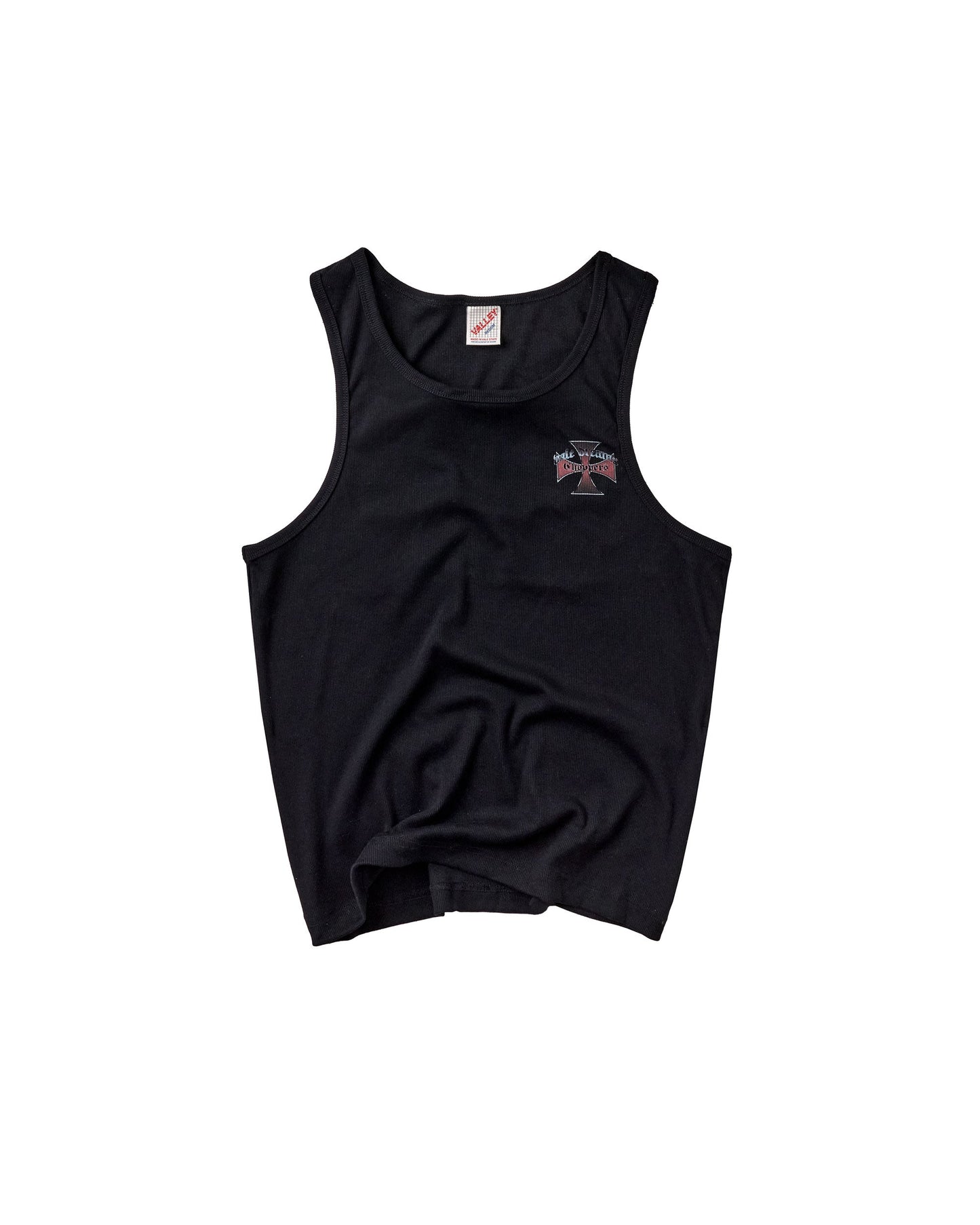 A black sleeveless tank top with a small red, white and black cross on the left chest, displayed flat against a solid white background.