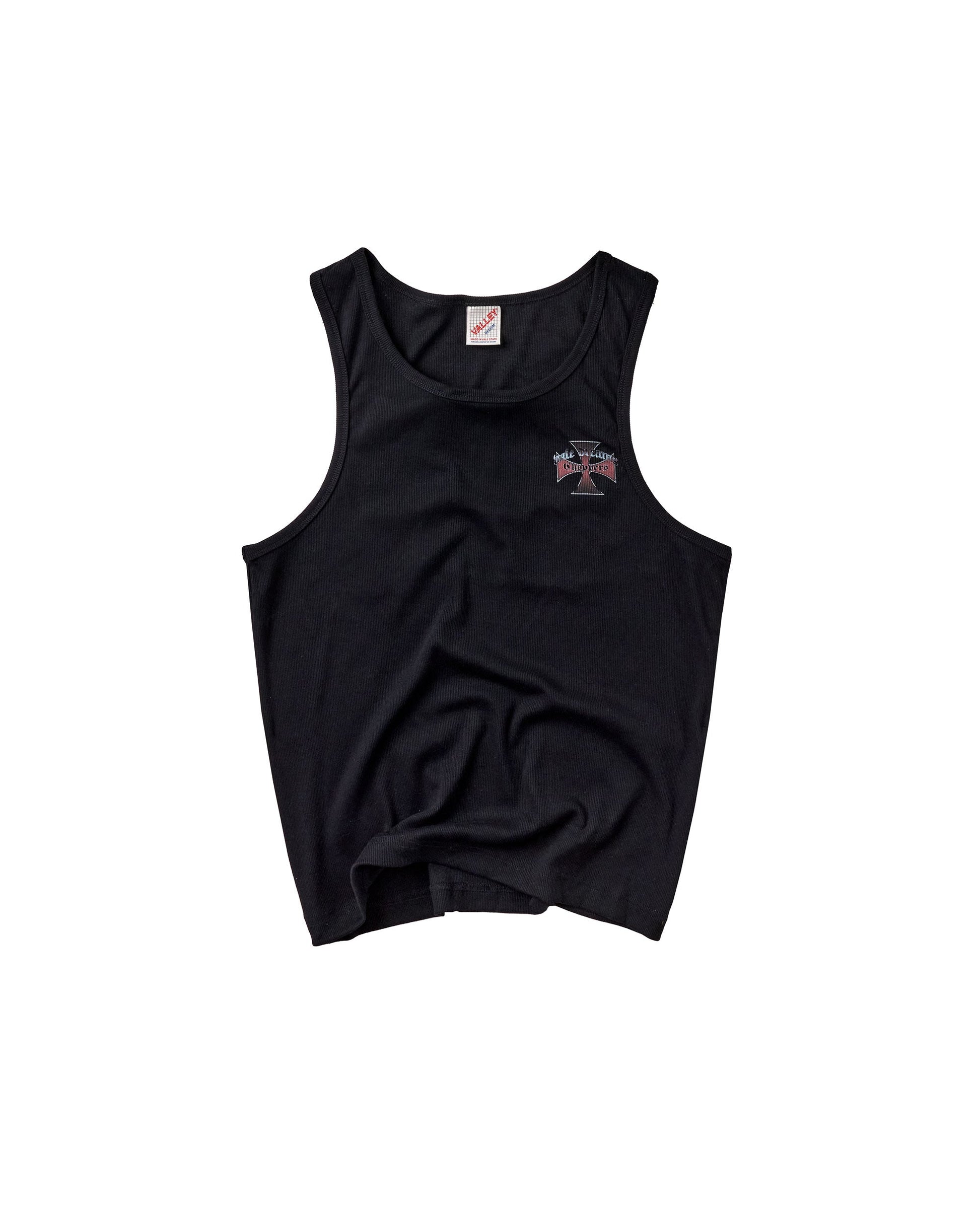 A black sleeveless tank top with a small red, white and black cross on the left chest, displayed flat against a solid white background.
