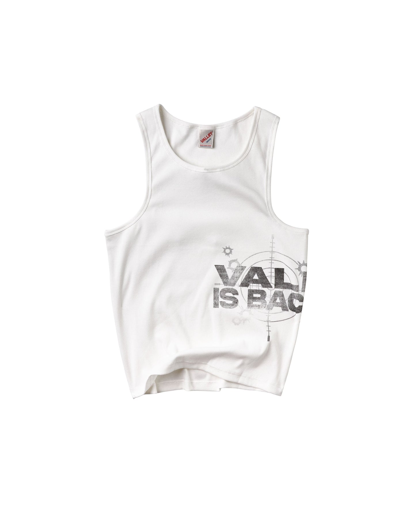A white sleeveless tank top with a distressed black graphic print reading 'VALIS IS BACK' and a target motif.