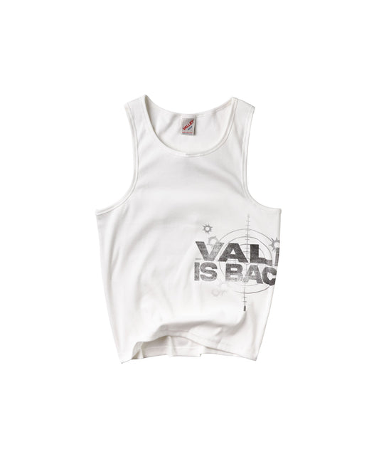 A white sleeveless tank top with a distressed black graphic print reading 'VALIS IS BACK' and a target motif.