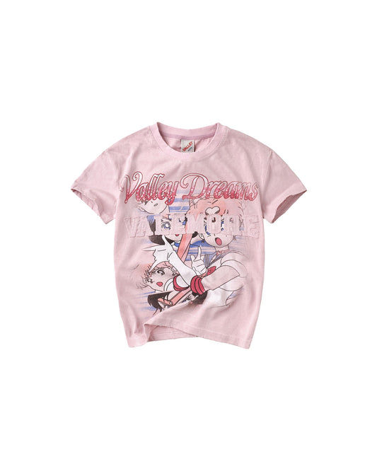 A light pink short-sleeve t-shirt featuring a graphic print of anime characters and the text 'Valley Dreams' in red script across the chest.