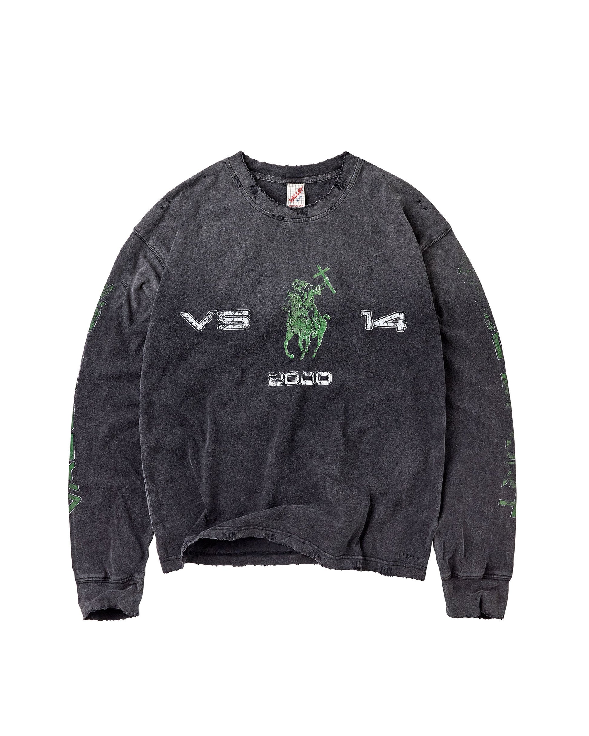 A faded black long-sleeve sweatshirt featuring a green graphic of a polo player holding a cross with 'VS 14 2000' text printed on the front, displayed flat against a white background.