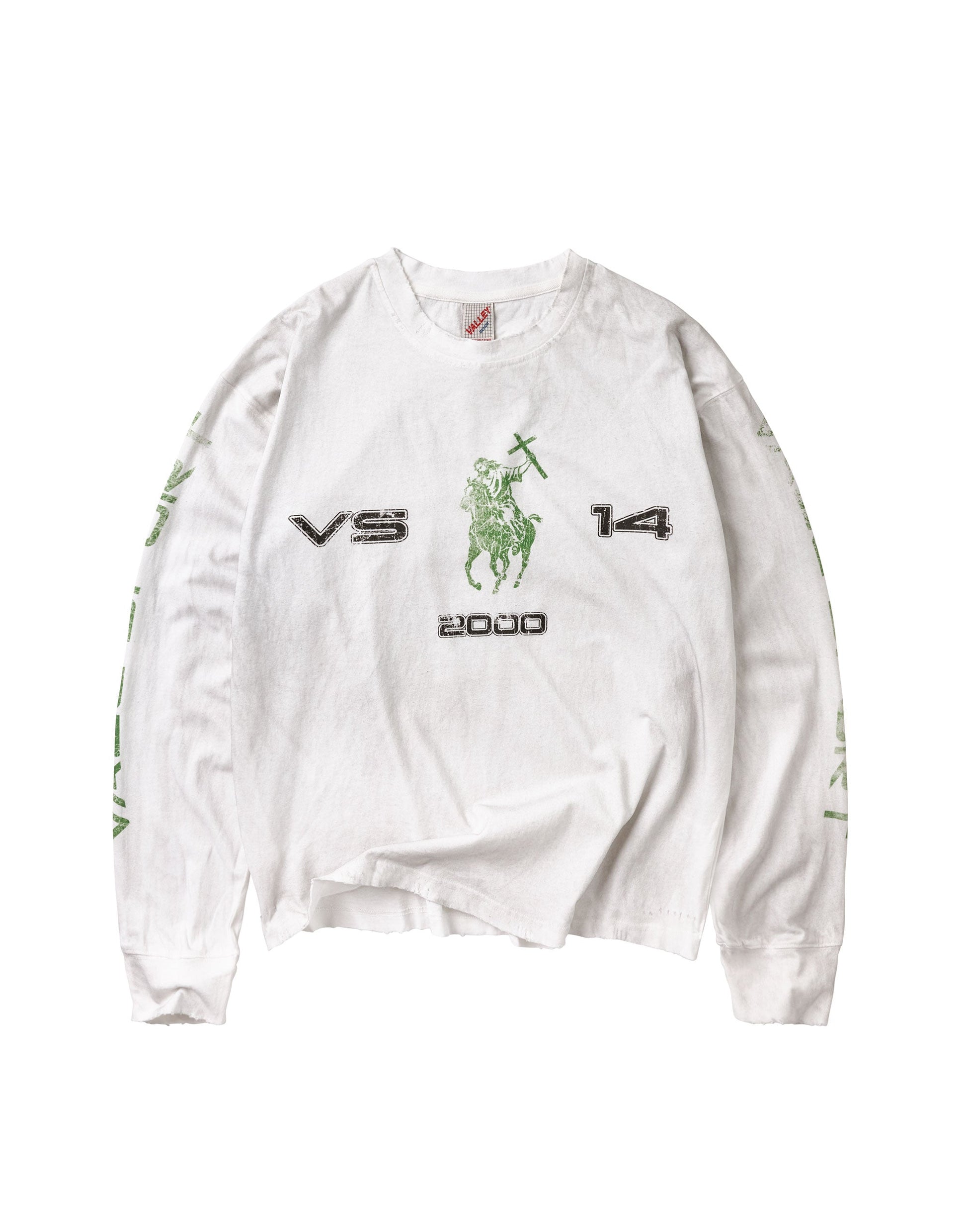 A white long-sleeve t-shirt with a vintage-style graphic print on the front featuring a green Jesus on a horse, 'VS 14 2000' text, and green distressed graphics on the sleeves, laid flat against a white background.