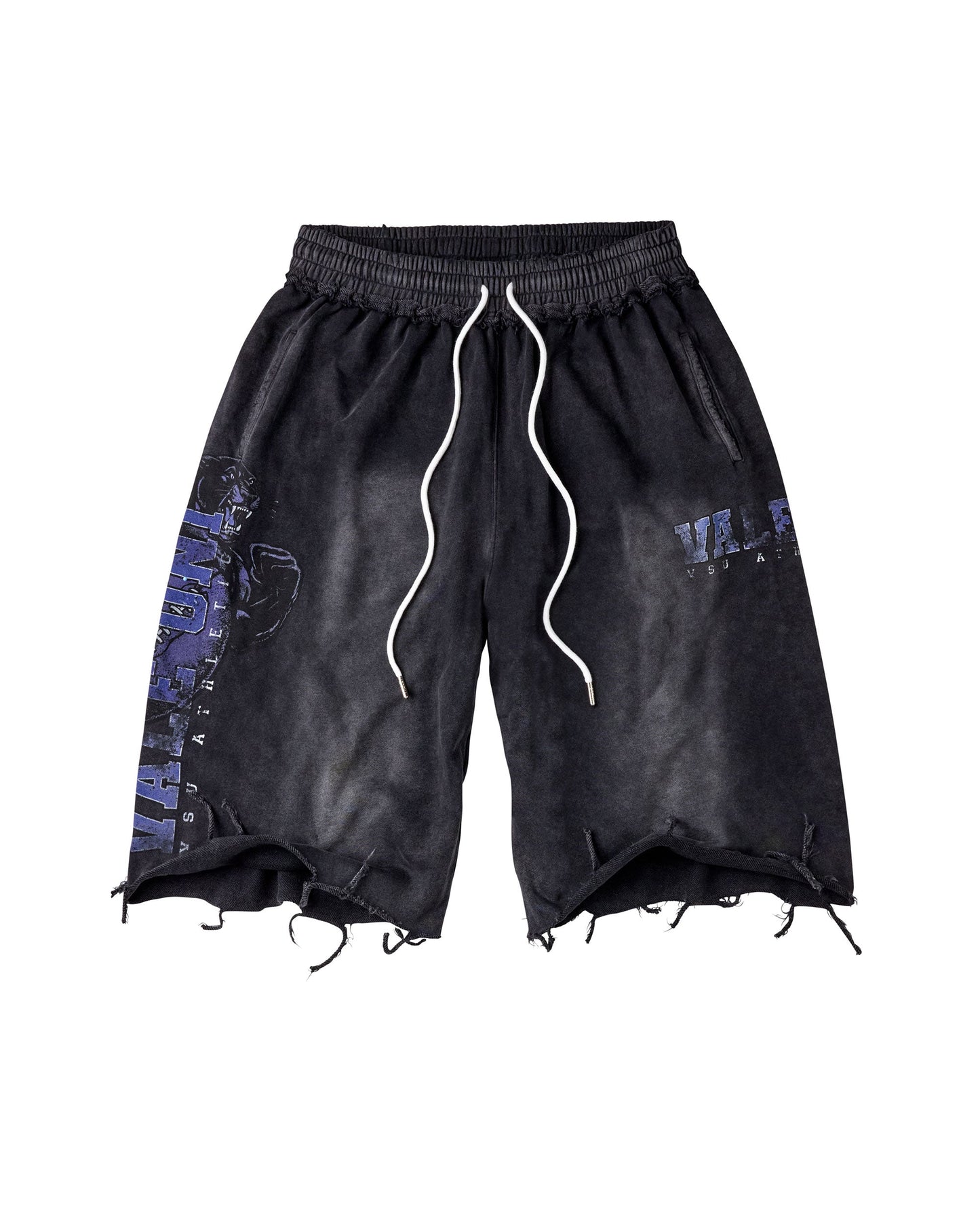 Distressed black denim shorts with a white drawstring, featuring blue graphic text prints on the sides.