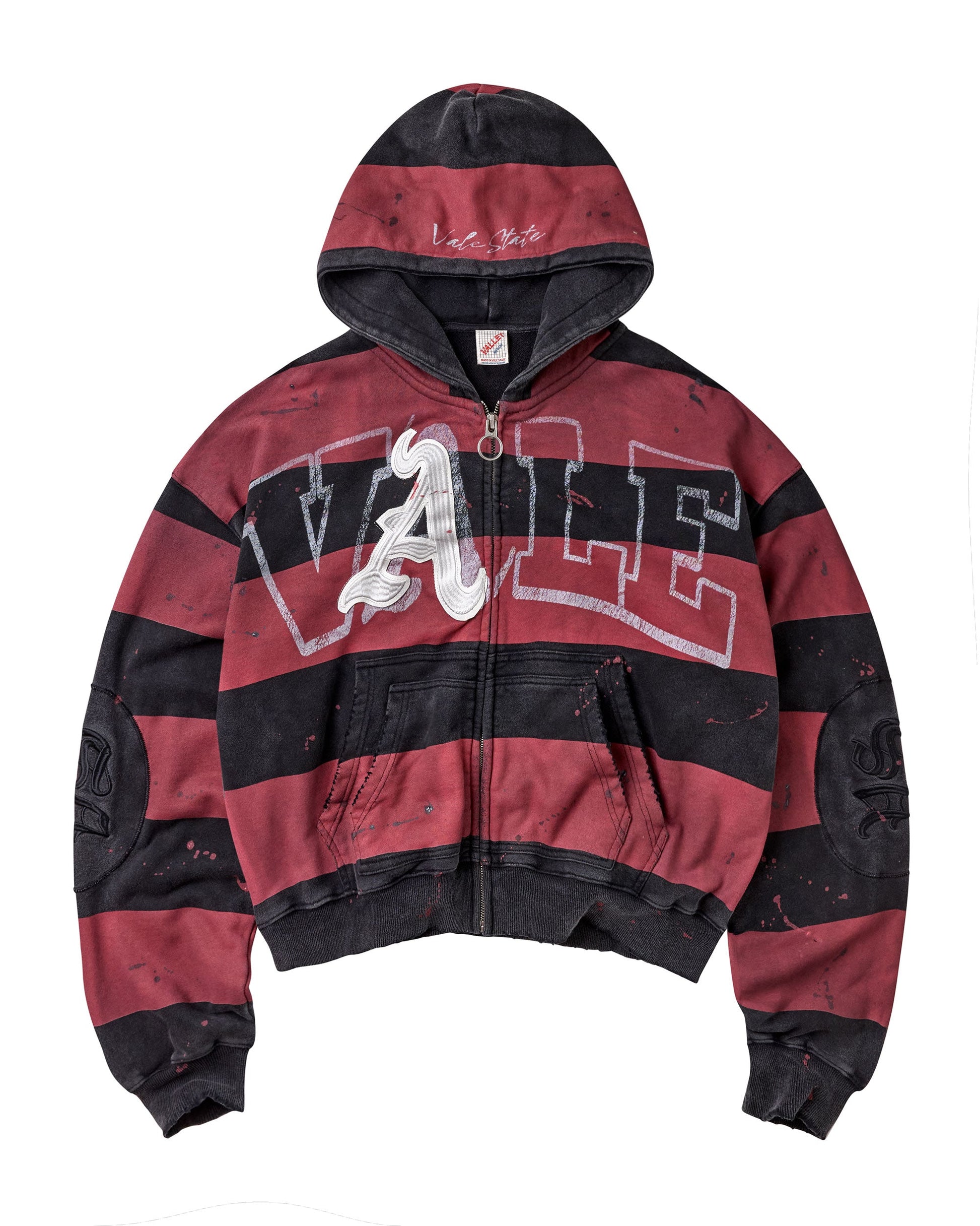 A cropped zip-up hoodie with horizontal red and black stripes, featuring a large white 'A' graphic outlined in white over the chest, a front zipper, and a hood.