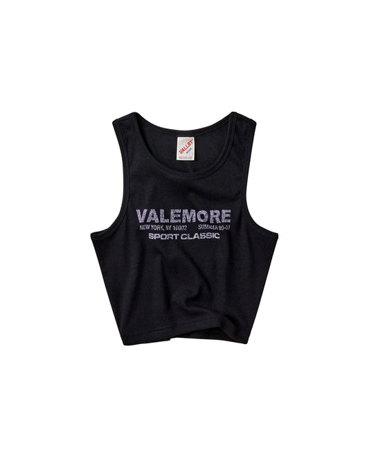 A black sleeveless tank top with 'VALEMORE' and 'SPORT CLASSIC' printed in white on the front, displayed flat against a plain white background.