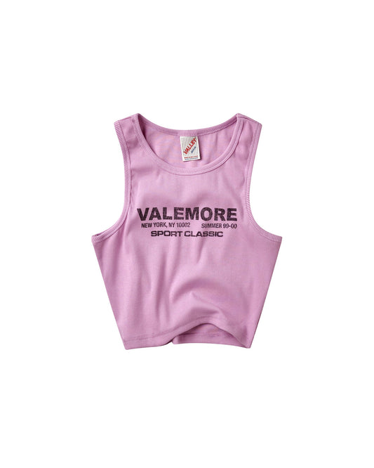 A light pink sleeveless tank top with 'VALEMORE SPORT CLASSIC' printed in black across the chest, displayed flat against a solid white background.