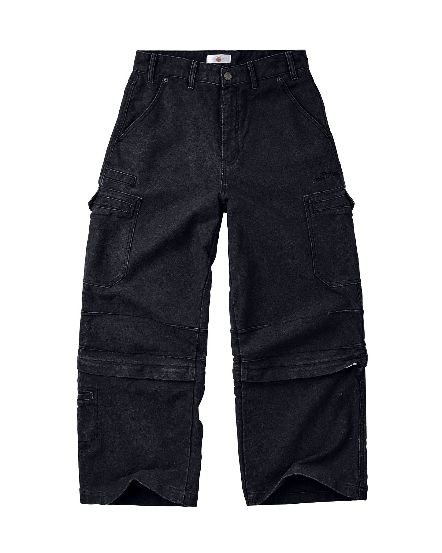 Black cargo pants with multiple utility pockets and a button closure, shown flat against a white background.