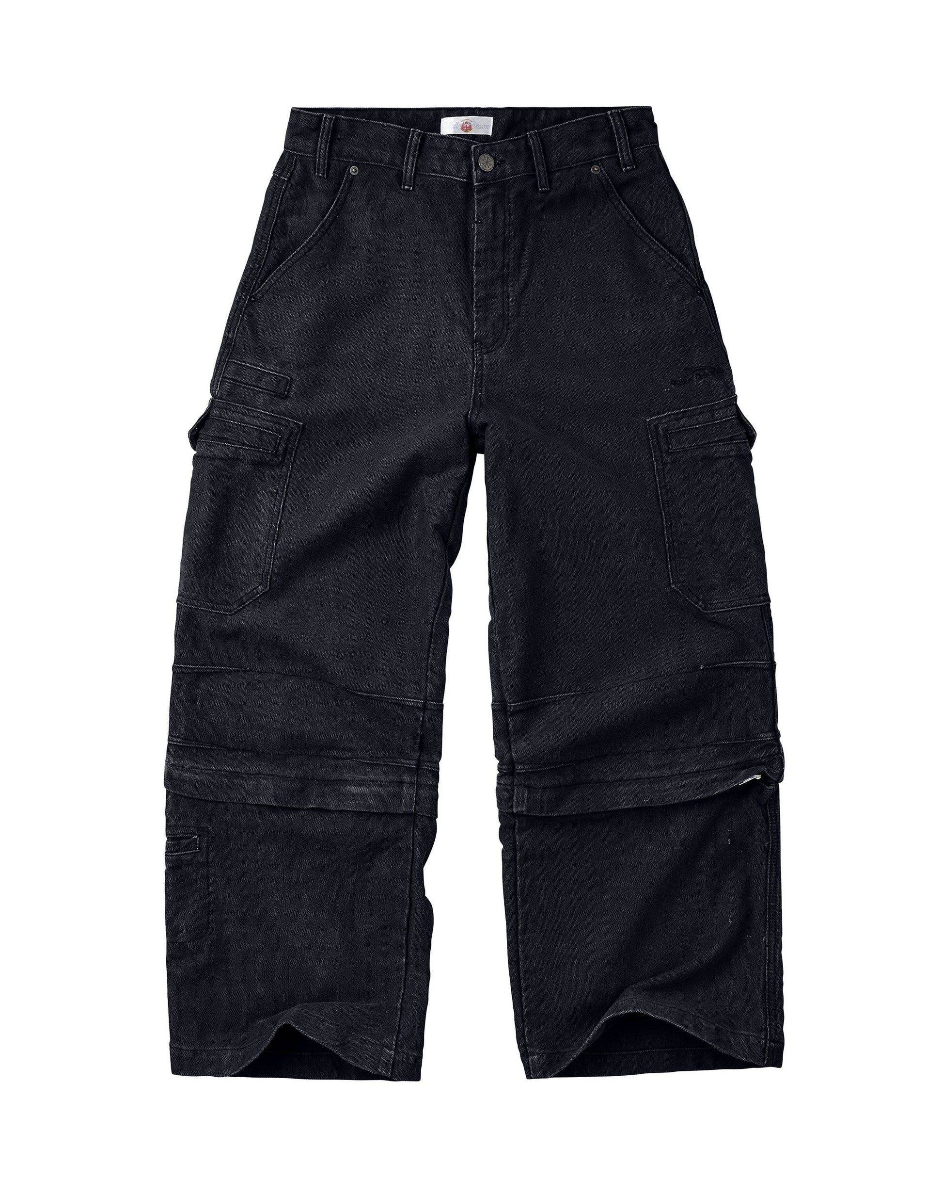 Black cargo pants with multiple utility pockets and a button closure, shown flat against a white background.