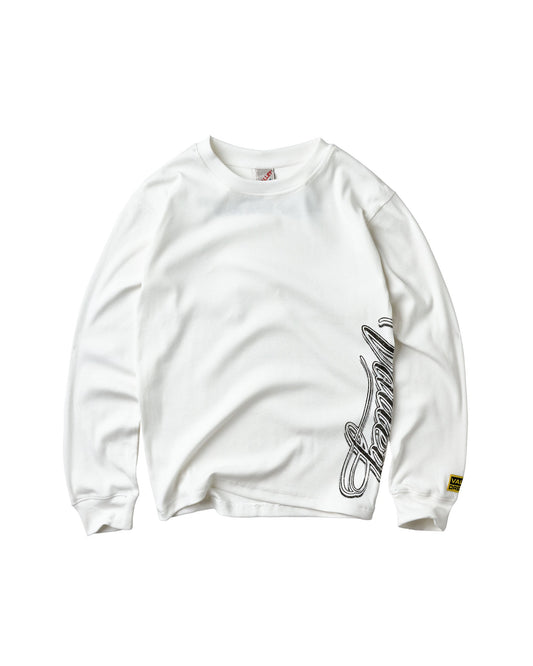 A white long-sleeve crewneck sweatshirt with a black cursive graphic printed down the right side of the sleeve and a small yellow tag near the cuff.