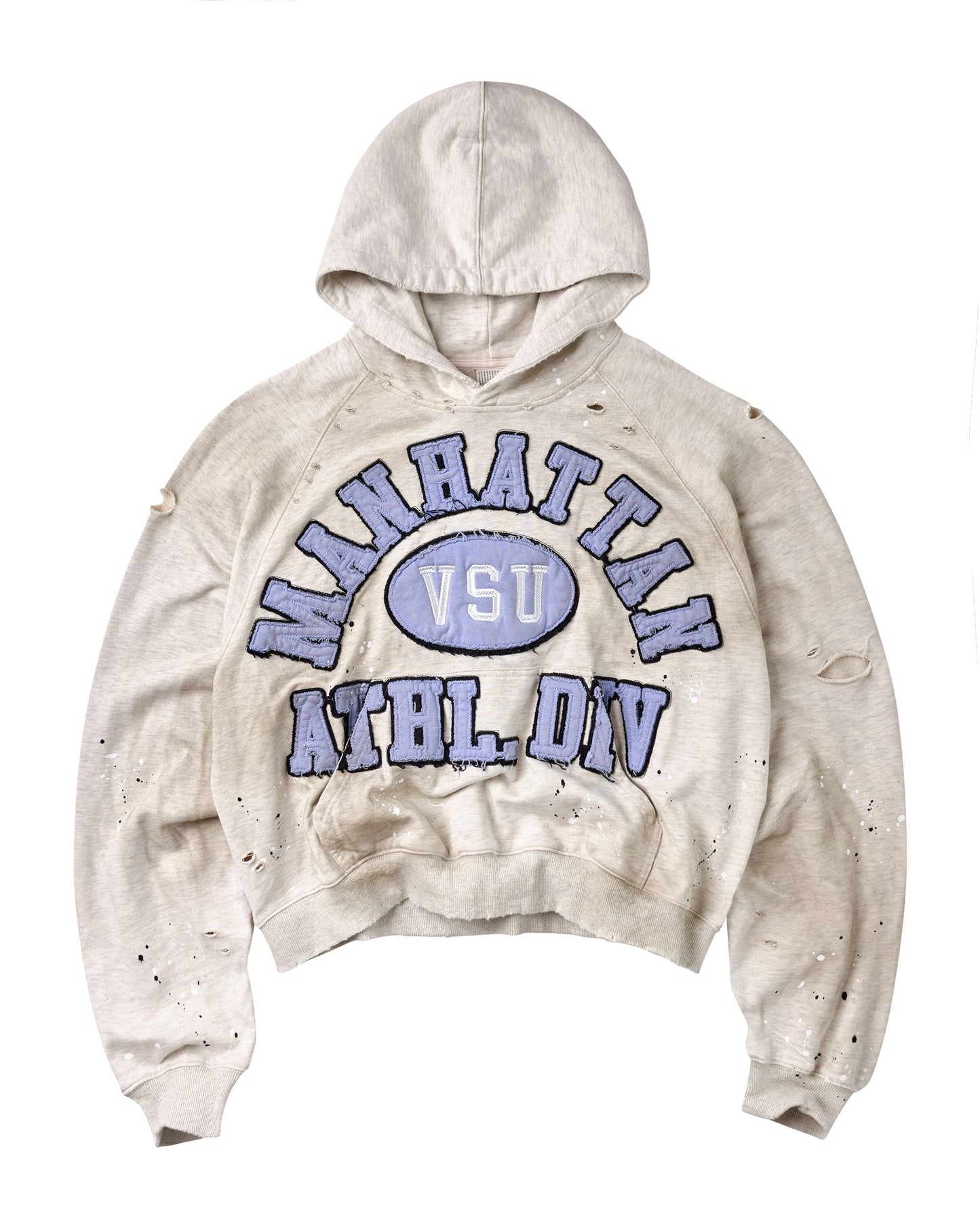 A distressed, off-white cropped hoodie featuring a blue and purple 'Manhattan ATEL-DIV' graphic with 'VSU' in the center.