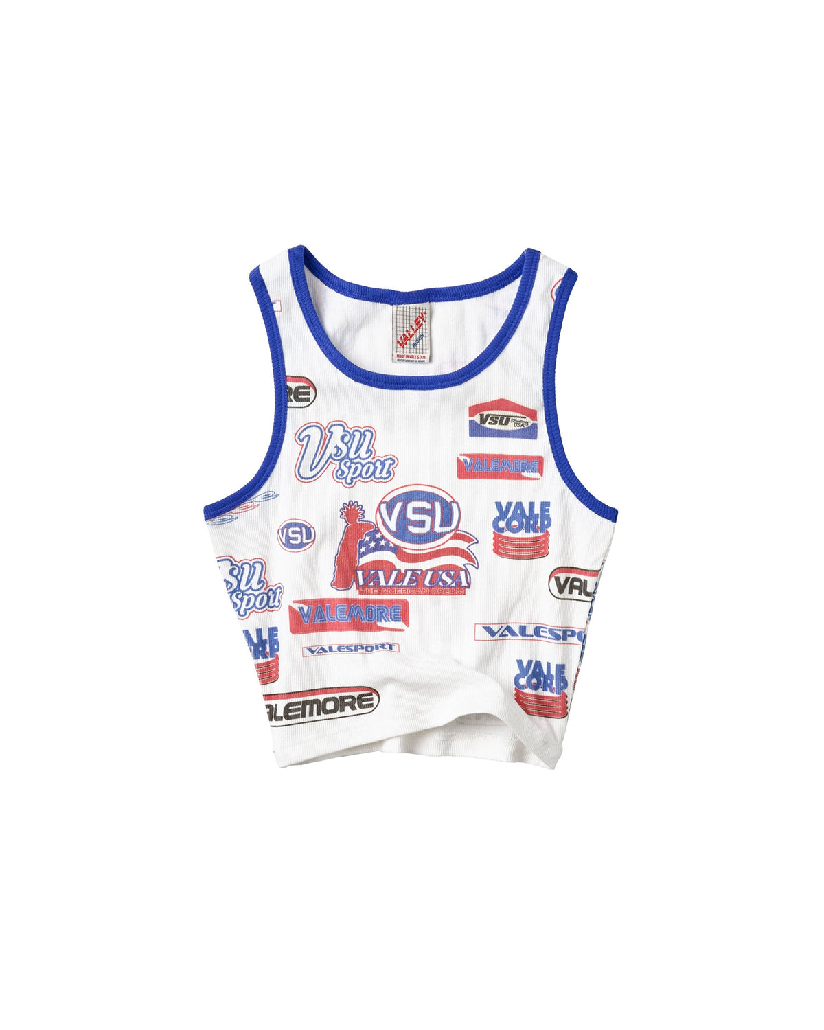 A white sleeveless tank top with blue trim and an all-over collage of sports logos, including VSU logos.