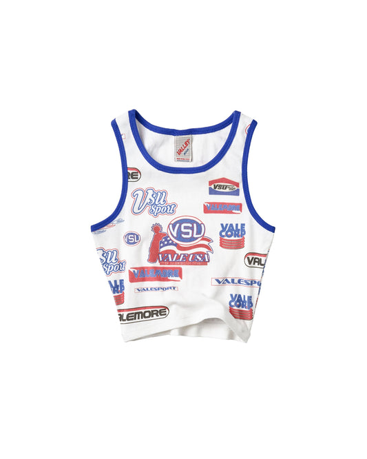 A white sleeveless tank top with blue trim and an all-over collage of sports logos, including VSU logos.